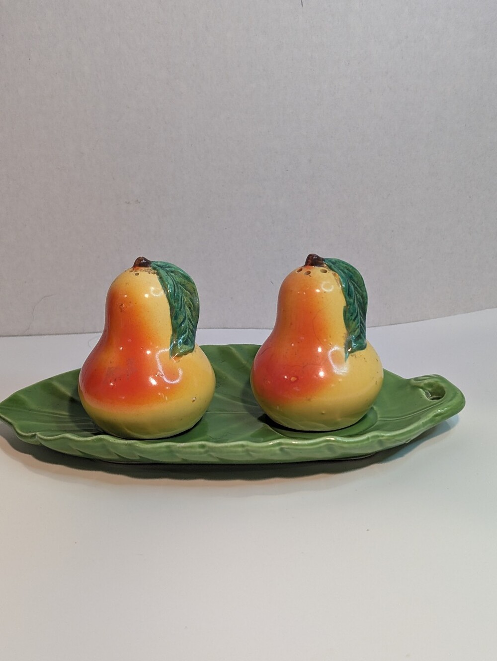 Bartlett Pear Salt and Pepper Shakers  Porcelain Japan Yellow Fruit On Tray